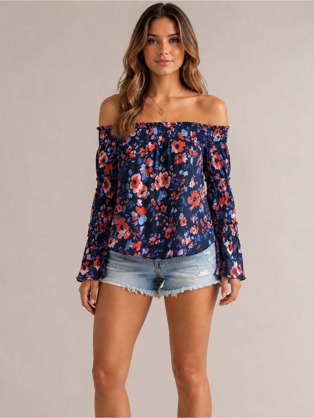 William Rast Navy Floral Off Shoulder Peasant Blouse XS